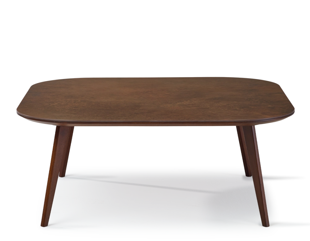 Square coffee table with rounded corners F2 in oak and ceramic dark brown stained wood with rust-effect ceramic top. 90x90x40 cm