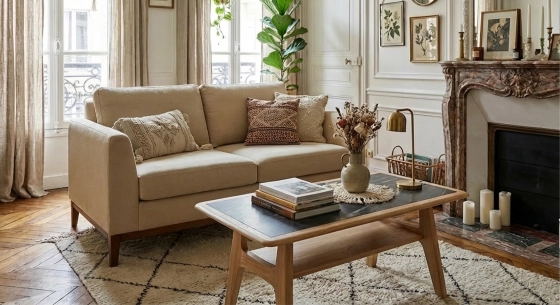 Canapé design 2 places tissu crème