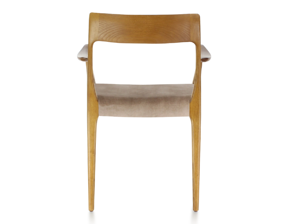 Scandinavian armchair with armrests cherry-stained wood, light taupe velvet seat Scandinavian armchair with armrests cherry-stained wood, light taupe velvet seat