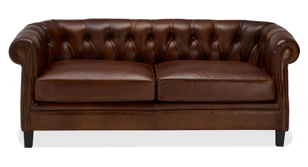 Canapé Chesterfield cuir 2 places marron soutenu accoudoirs cloutés Canapé Chesterfield cuir 2 places marron soutenu accoudoirs cloutés