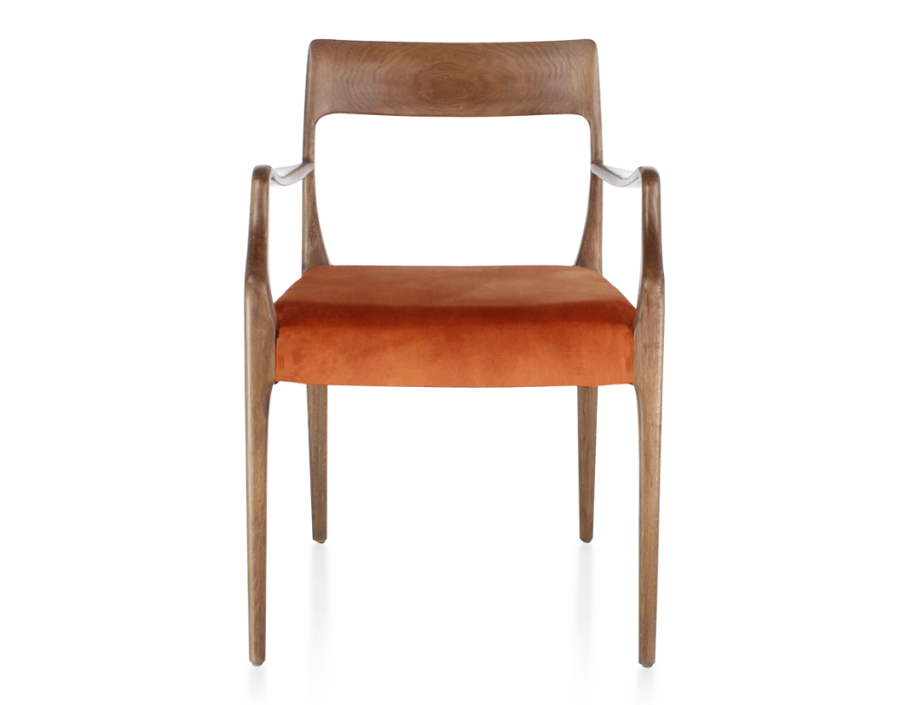 Scandinavian armchair with armrests walnut-stained wood, terracotta velvet seat Scandinavian armchair with armrests walnut-stained wood, terracotta velvet seat