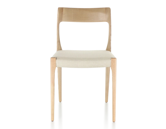 Scandinavian chair natural stained wood, beige chevron fabric seat