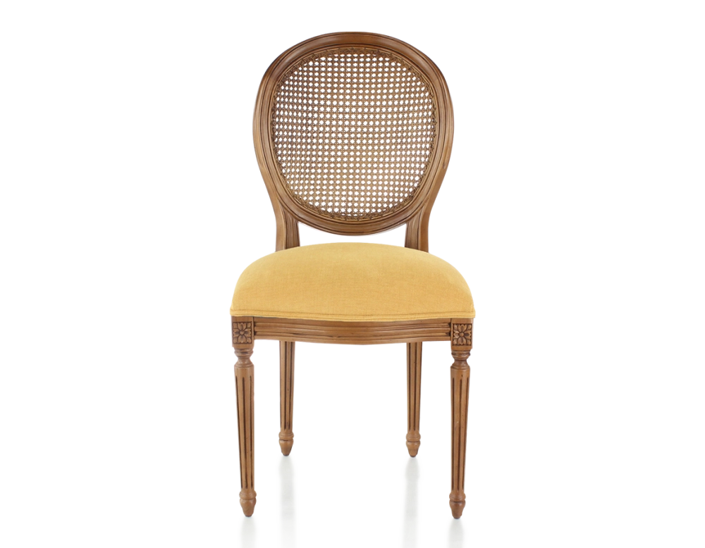Chaise ancienne style Louis XVI bois teinte ancienne dossier canné assise tissu jaune Chaise ancienne style Louis XVI bois teinte ancienne dossier canné assise tissu jaune