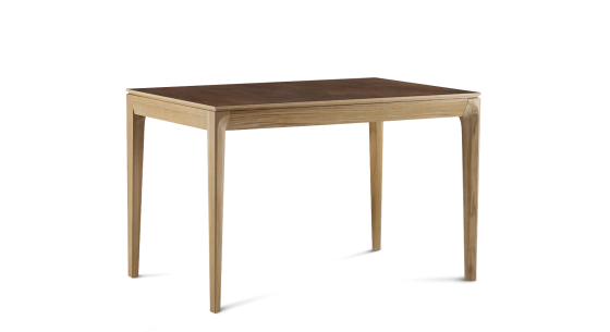 Extendable table for 6 to 10 people in oak and ceramic with wooden extensions with natural stained wood and oxidised brown ceramic top 160x90 cm