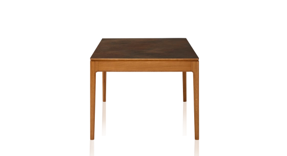Table salle à manger en chêne et céramique 8 personnes avec bois teinte merisier et plateau céramique brun oxydé 180x90 cm