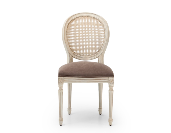 Louis XVI style antique chair white cerused wood with cane backrest and taupe fabric seat.