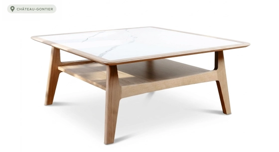 Table basse carrée en chêne et céramique avec bois teinte naturelle plateau céramique effet marbre blanc 120X120 cm