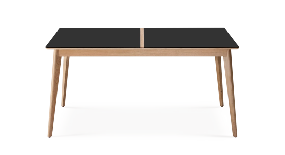 Oak and ceramic dining table for 6 people with natural stained wood and white marble effect ceramic top 140x100 cm