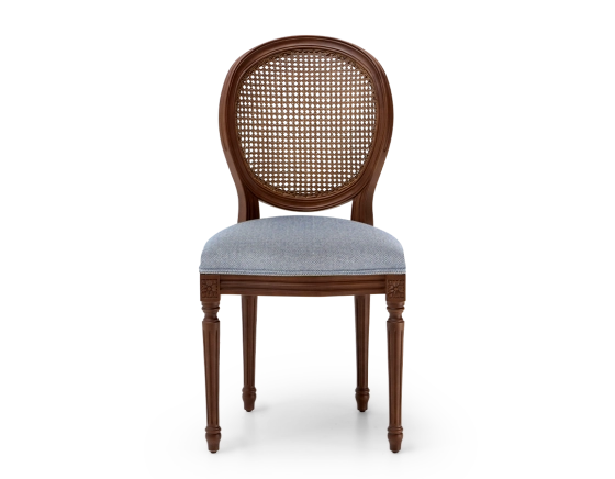 Chaise ancienne style Louis XVI bois teinte marron foncée dossier canné assise tissu chevron bleu