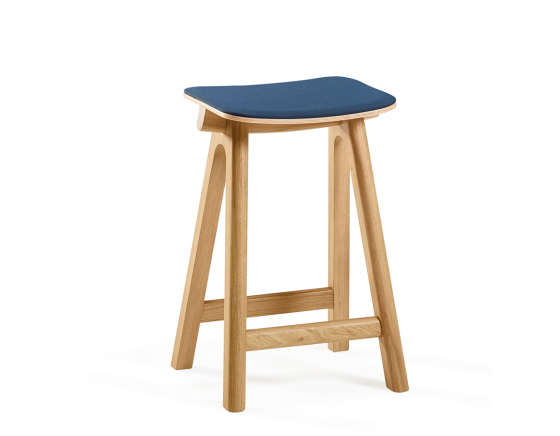 Upholstered oak bar stool H60 cm natural wood stain, navy blue seat