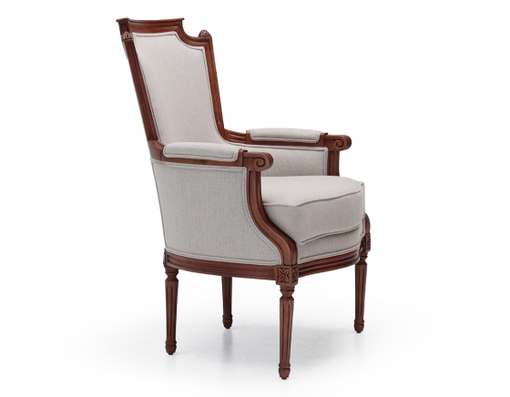 Fauteuil bergère style Louis XVI bois teinte ancienne et tissu beige naturel