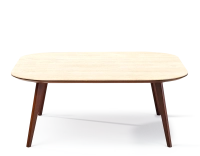 Table basse carré aux angles arrondis F2 en chêne et céramique bois teinte marron foncé plateau céramique effet pierre travertin 90x90x40 cm