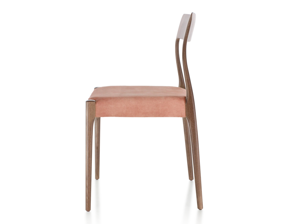 Scandinavian chair wood stained dark brown seat pale pink velvet fabric Scandinavian chair wood stained dark brown seat pale pink velvet fabric