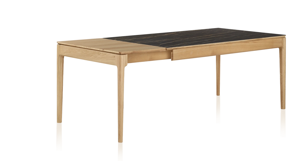 Table extensible 8 à 12 personnes en chêne et céramique allonges bois avec bois teinte naturelle et plateau céramique effet marbre noir 160x100 cm Table extensible 8 à 12 personnes en chêne et céramique allonges bois avec bois teinte naturelle et plateau céramique effet marbre noir 160x100 cm