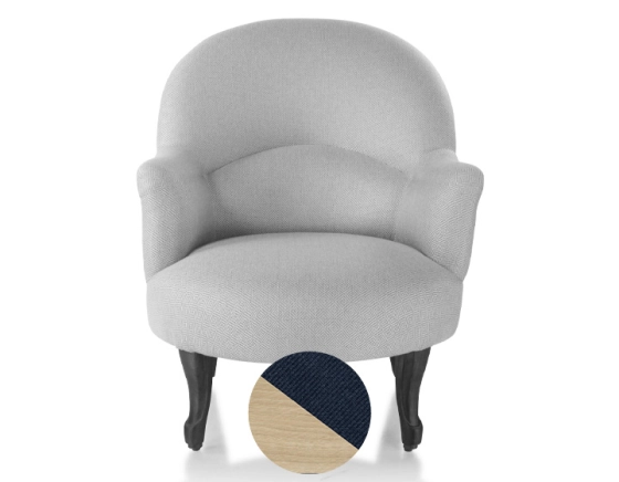 Fauteuil crapaud avec accoudoirs pieds bois teinte naturelle et tissu bleu marine