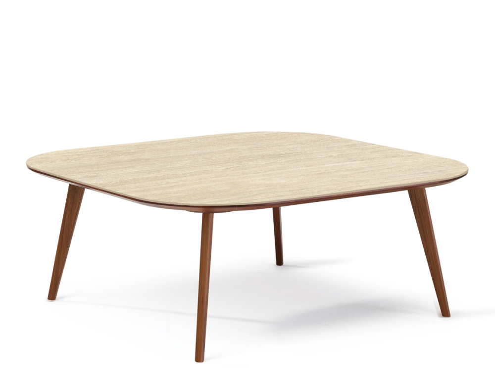 Table basse carré aux angles arrondis F2 en noyer et céramique bois teinte naturelle plateau céramique effet pierre travertin 110x110x40 cm
