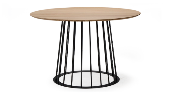 Round dining table in oak and metal black metal base and natural wood top finish 120x120
