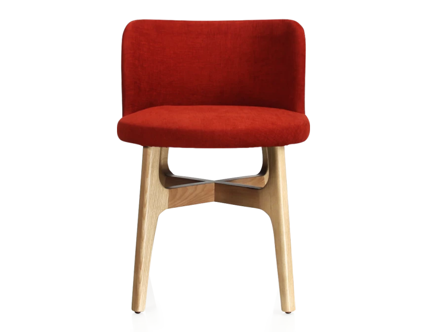 Chaise design bois teinte naturelle assise tissu orange brulé
