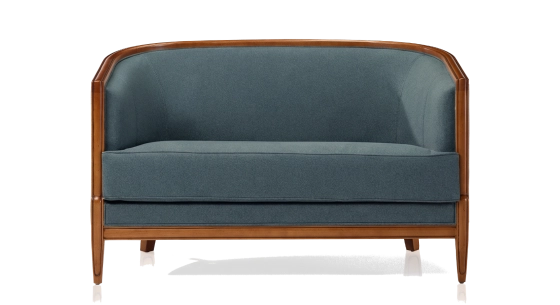 Canapé ancien 2 places accoudoirs moulurés bois teinte ancienne et tissu bleu océan