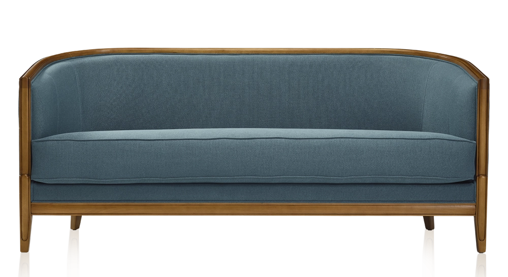 Canapé ancien 3 places accoudoirs moulurés bois teinte ancienne et tissu bleu océan