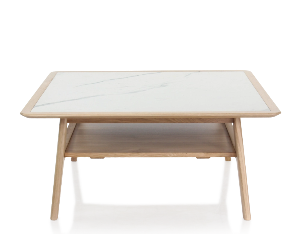 Table basse carrée en chêne et céramique avec bois teinte naturelle plateau céramique effet marbre blanc 100x100 cm Table basse carrée en chêne et céramique avec bois teinte naturelle plateau céramique effet marbre blanc 100x100 cm