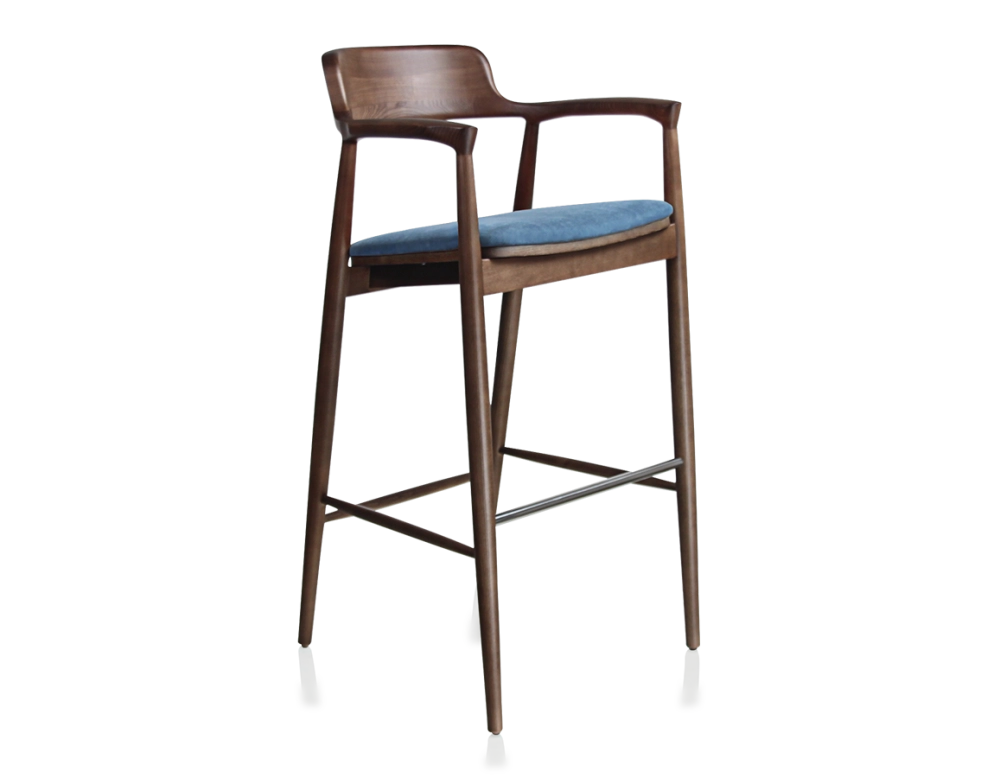 Tabouret de bar h80 cm bois teinte marron foncé assise tissu bleu jean Tabouret de bar h80 cm bois teinte marron foncé assise tissu bleu jean