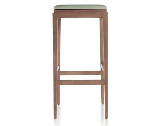 H80 cm designer bar stool walnut-stained wood, sage green leather seat