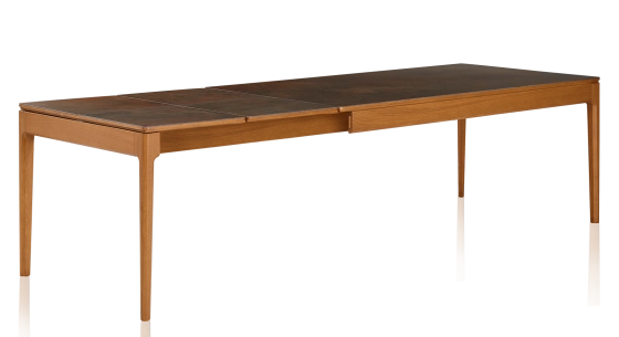 Table extensible 8 à 12 personnes en chêne et céramique allonges céramique avec bois teinte merisier et plateau et allonges céramique brun oxydé 160x100 cm