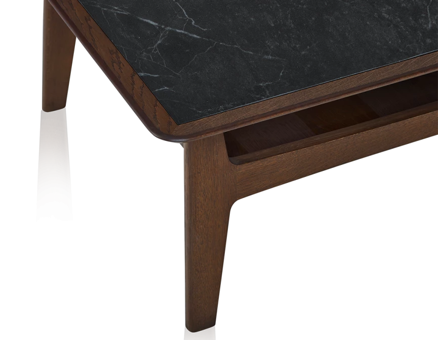 Table basse carrée en chêne et céramique avec bois teinte marron foncé plateau céramique effet ardoise 100x100 cm