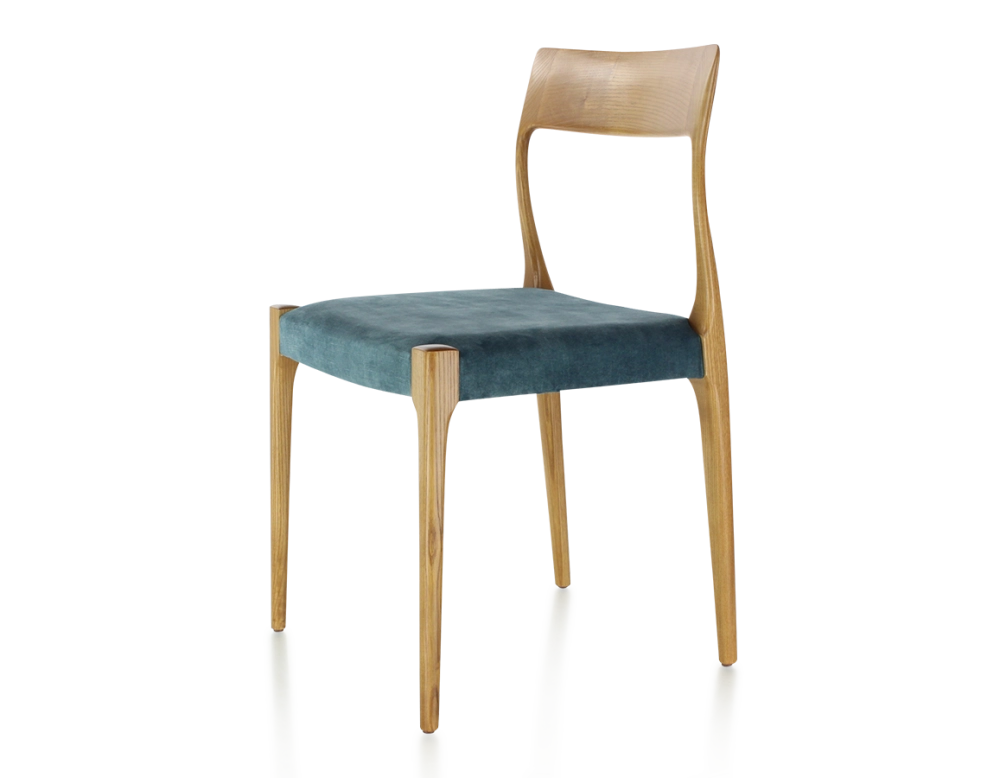 Chaise scandinave bois teinte merisier assise tissu velours bleu pétrole Chaise scandinave bois teinte merisier assise tissu velours bleu pétrole