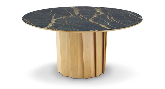 Round dining table for 6 people in oak and ceramic with natural stained wood and black marble effect ceramic top 140 cm