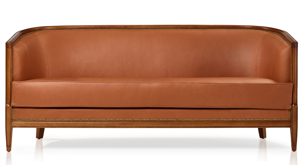 Canapé ancien 3 places accoudoirs moulurés bois teinte ancienne et cuir châtain