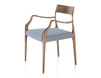 Chaise scandinave avec accoudoirs bois teinte noyer assise tissu chevron bleu Chaise scandinave avec accoudoirs bois teinte noyer assise tissu chevron bleu