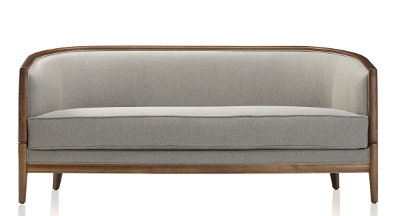 Canapé ancien 3 places bois teinte noyer et tissu gris clair