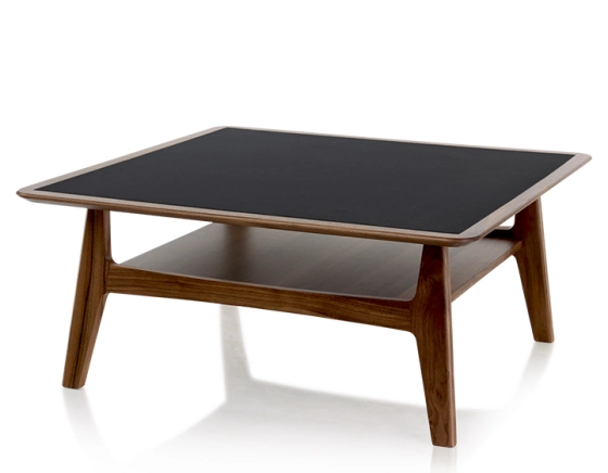 Table basse carrée en noyer et céramique bois teinte naturelle plateau céramique noir unie 100x100 cm