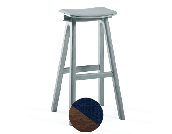 Tabouret de bar en chêne tapissé H80 cm bois teinte marron foncé assise tissu bleu marine