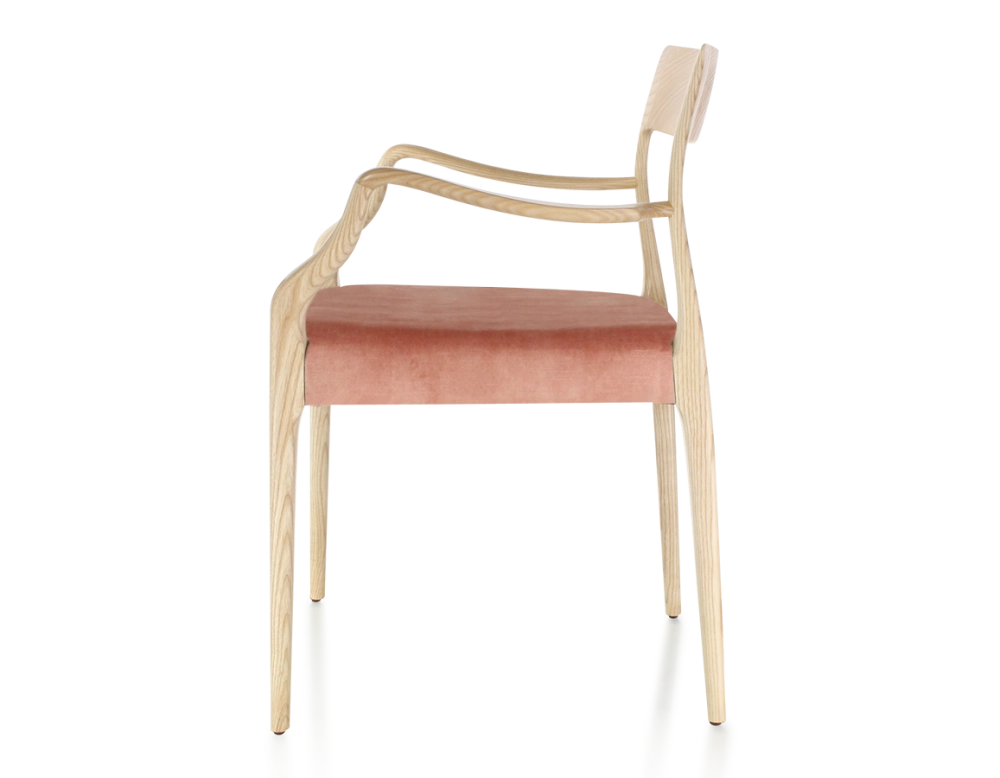 Scandinavian armchair with armrests natural wood stain, seat pale pink velvet fabric Scandinavian armchair with armrests natural wood stain, seat pale pink velvet fabric