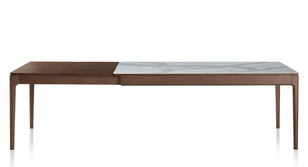 Table extensible 8 à 12 personnes en chêne et céramique allonges bois avec bois teinte marron foncé et plateau céramique effet marbre blanc 180x100 cm Table extensible 8 à 12 personnes en chêne et céramique allonges bois avec bois teinte marron foncé et plateau céramique effet marbre blanc 180x100 cm