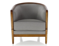Antique armchair with moulded armrests wood stained in an antique style and light grey fabric