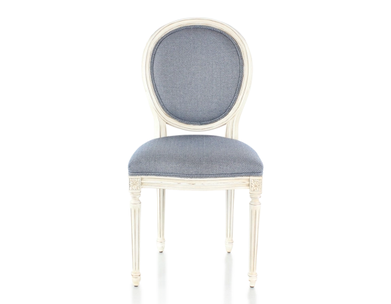 Antique Louis XVI style chair White cerused wood and blue chevron fabric