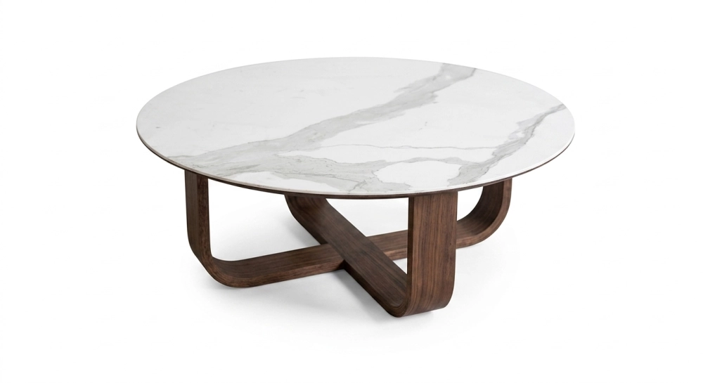 Round coffee table in oak and ceramic dark brown stained wood with a white marble-effect ceramic tabletop. 100x100 cm