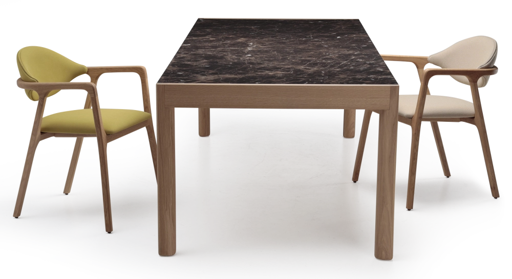 Extending table for 8 to 12 people in oak and ceramic with ceramic extensions natural wood finish and brown marble-effect ceramic 180x100 cm Extending table for 8 to 12 people in oak and ceramic with ceramic extensions natural wood finish and brown marble-effect ceramic 180x100 cm