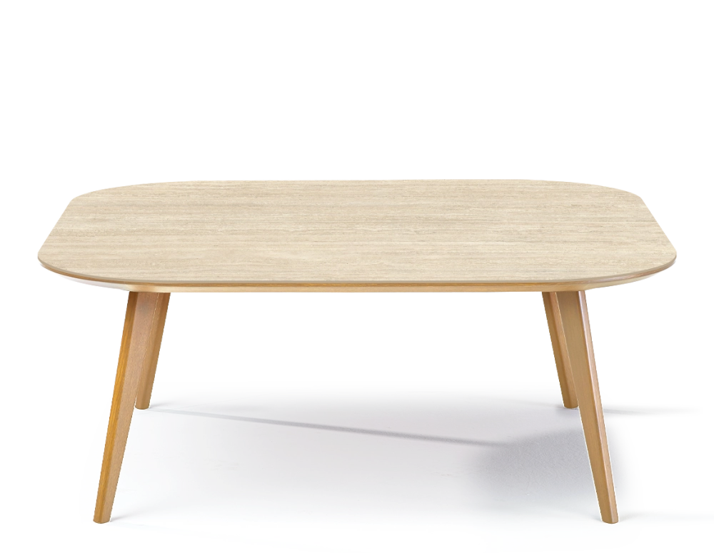 Table basse carré aux angles arrondis F2 en chêne et céramique bois teinte naturelle plateau céramique effet pierre travertin 120x120x40 cm