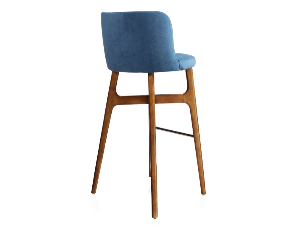 Tabouret de bar h80 cm bois teinte merisier assise tissu bleu jeans Tabouret de bar h80 cm bois teinte merisier assise tissu bleu jeans