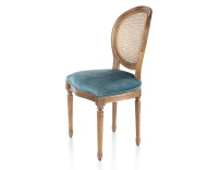 Chaise ancienne style Louis XVI bois teinte ancienne dossier canné assise tissu velours bleu pétrole