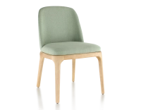 Chaise design bois teinte naturelle et tissu vert sauge Chaise design bois teinte naturelle et tissu vert sauge