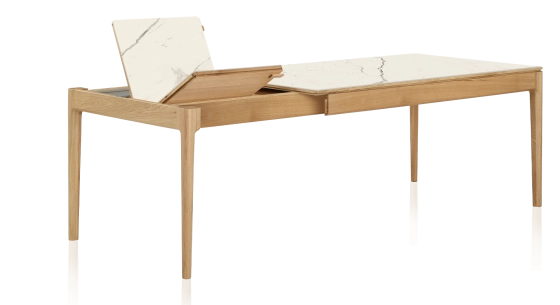 Table extensible en chêne et céramique 6 à 10 personnes allonges céramique avec bois teinte naturelle et plateau et allonges céramique effet marbre blanc 140x90 cm