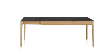 Extendable table for 8 to 12 people in oak and ceramic with ceramic extensions with natural stained wood and black marble effect ceramic top and extensions 160x100 cm