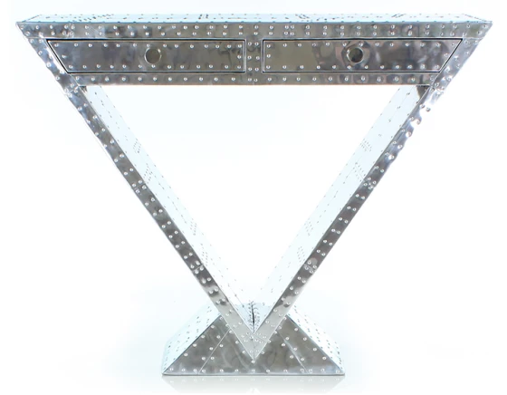 Console art déco en aluminium riveté double tiroirs