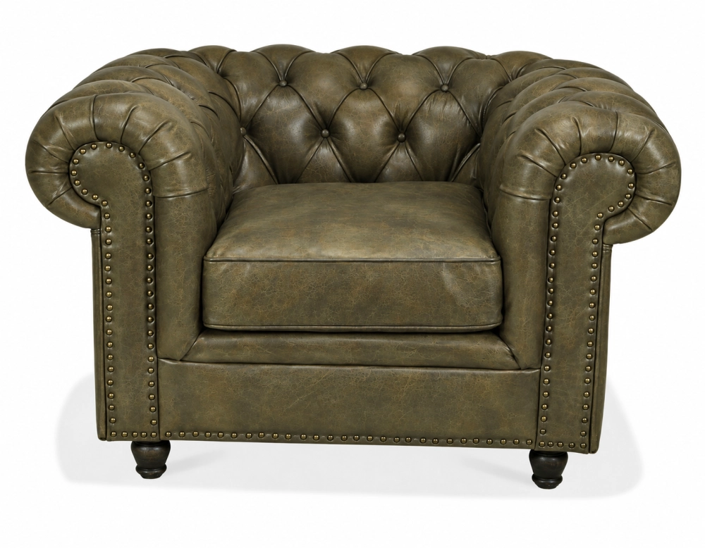Fauteuil chesterfield cuir vert olive accoudoirs cloutés